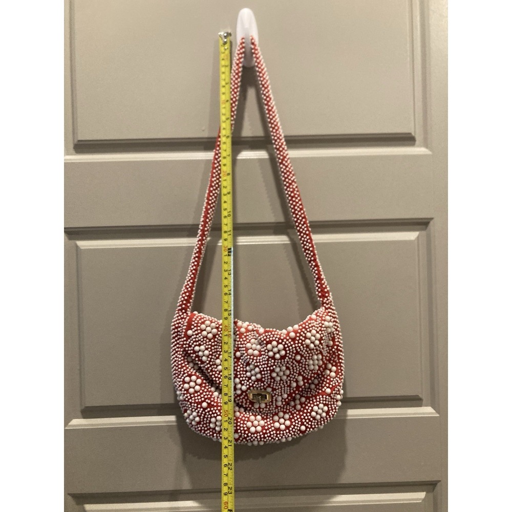 Vintage 1960s 70s Handmade Hong Kong Beaded Shoulder Bag Red White Floral Mod - Picture 3 of 9